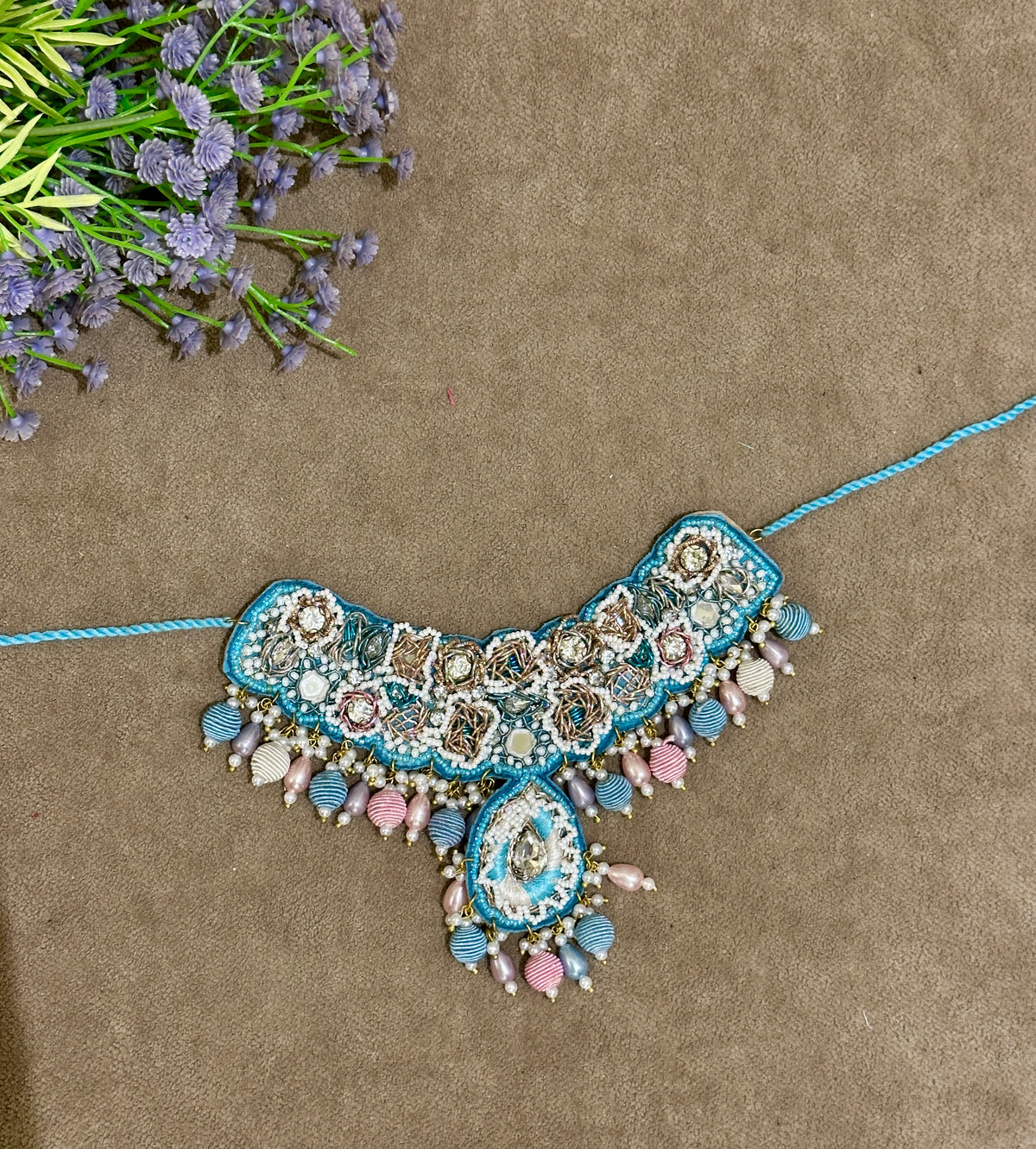 Sky Blue Beaded Haldi Jewellery Set – Necklace, Earrings, Tikka & Hathphool