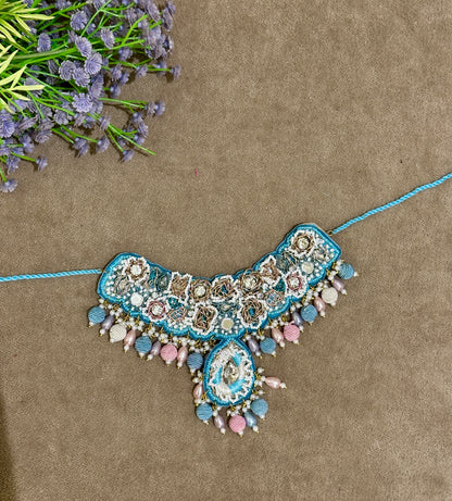 Sky Blue Beaded Haldi Jewellery Set – Necklace, Earrings, Tikka & Hathphool