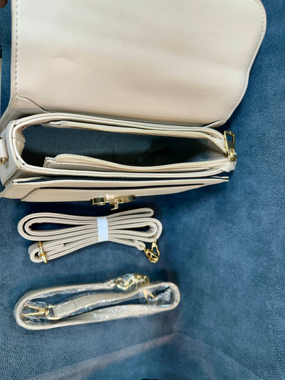 Beige Pin-Stripe Textured Flap Crossbody Sling Bag – 3 Straps Included HB016