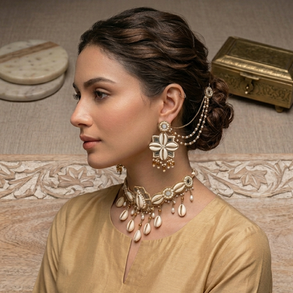 Gilded Cowrie Shell Jewelry Ensemble with Pearl Accents and Floral Design