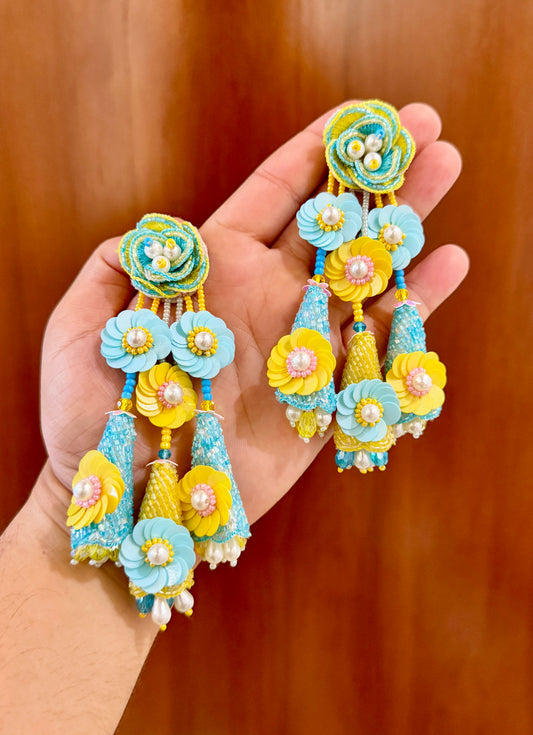 Aqua Blue & Yellow Handmade Floral Beaded Earrings