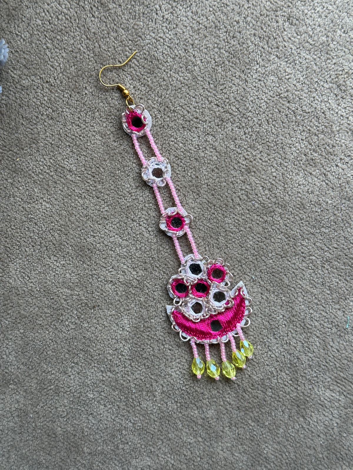 Fuchsia Pink Mirror Work Jhumki Earring Tikka Set with Beaded Saankal & Jhumki Drops