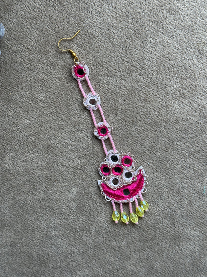 Fuchsia Pink Mirror Work Jhumki Earring Tikka Set with Beaded Saankal & Jhumki Drops