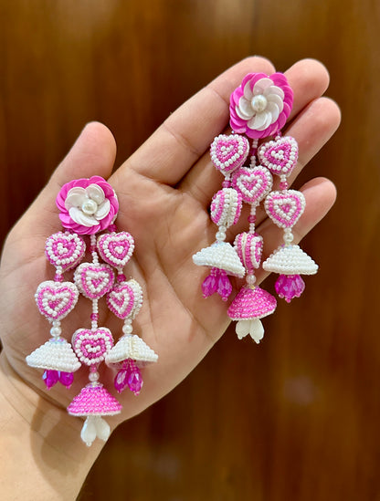 Pink & White Handmade Beaded Heart Jhumka Earrings