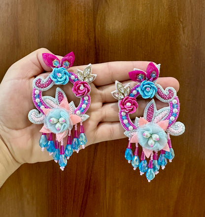 Turquoise & Pink Handmade Beaded Floral Drop Earrings