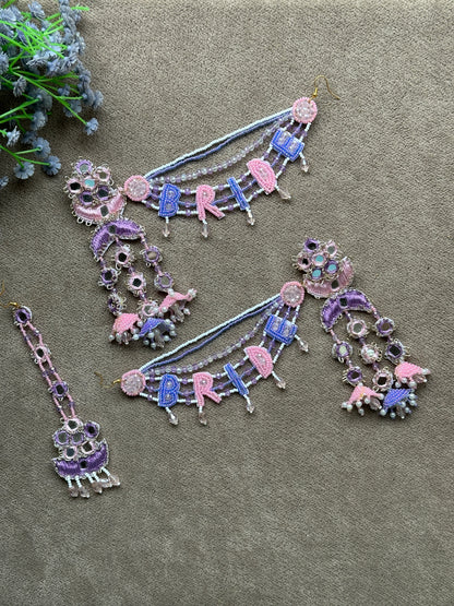 Bride Beaded Saankal Earring Tikka Set | Lavender, Pink & Blue Mirror Work