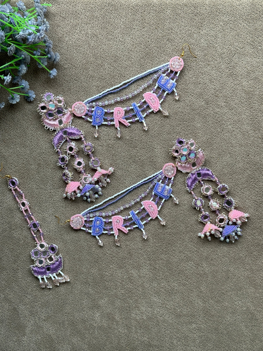 Bride Beaded Saankal Earring Tikka Set | Lavender, Pink & Blue Mirror Work