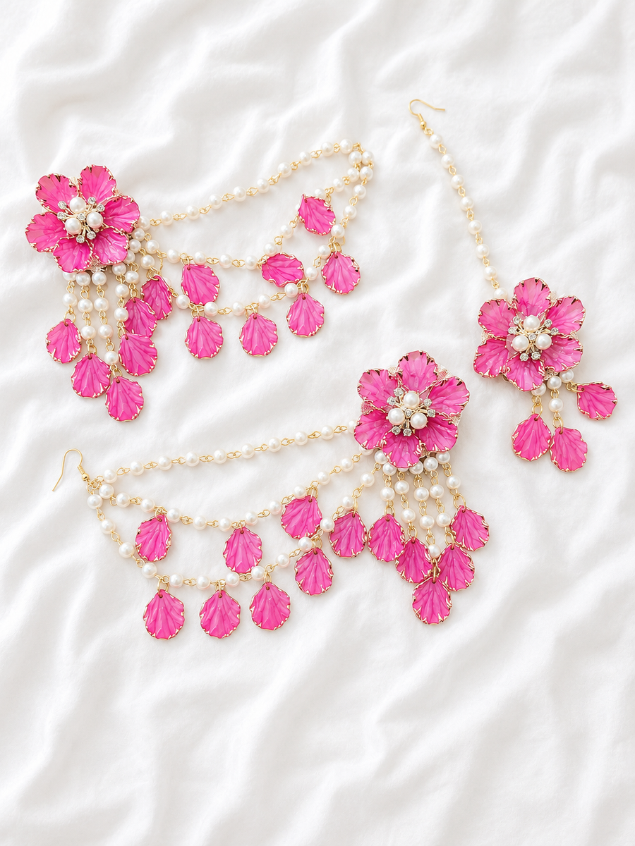 Pink Floral Earrings Tikka  Jewellery Set