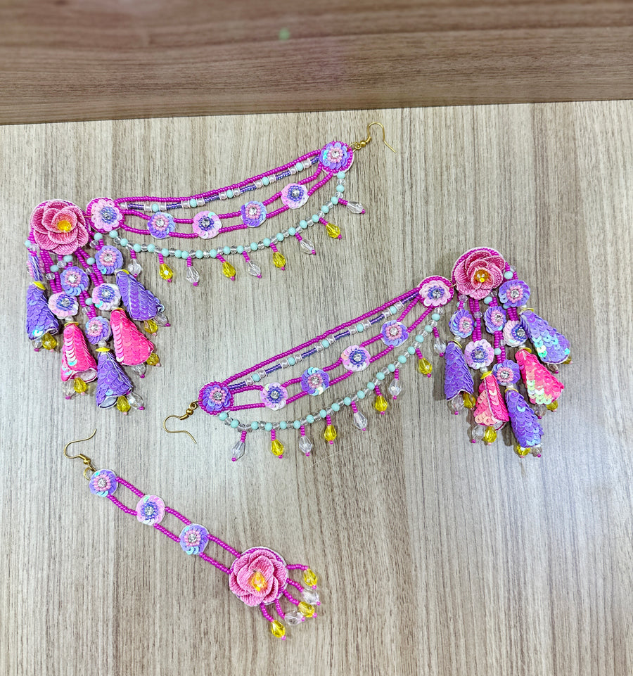 Beaded Handmade Jewellery Purple Pink Earring Tikka Set
