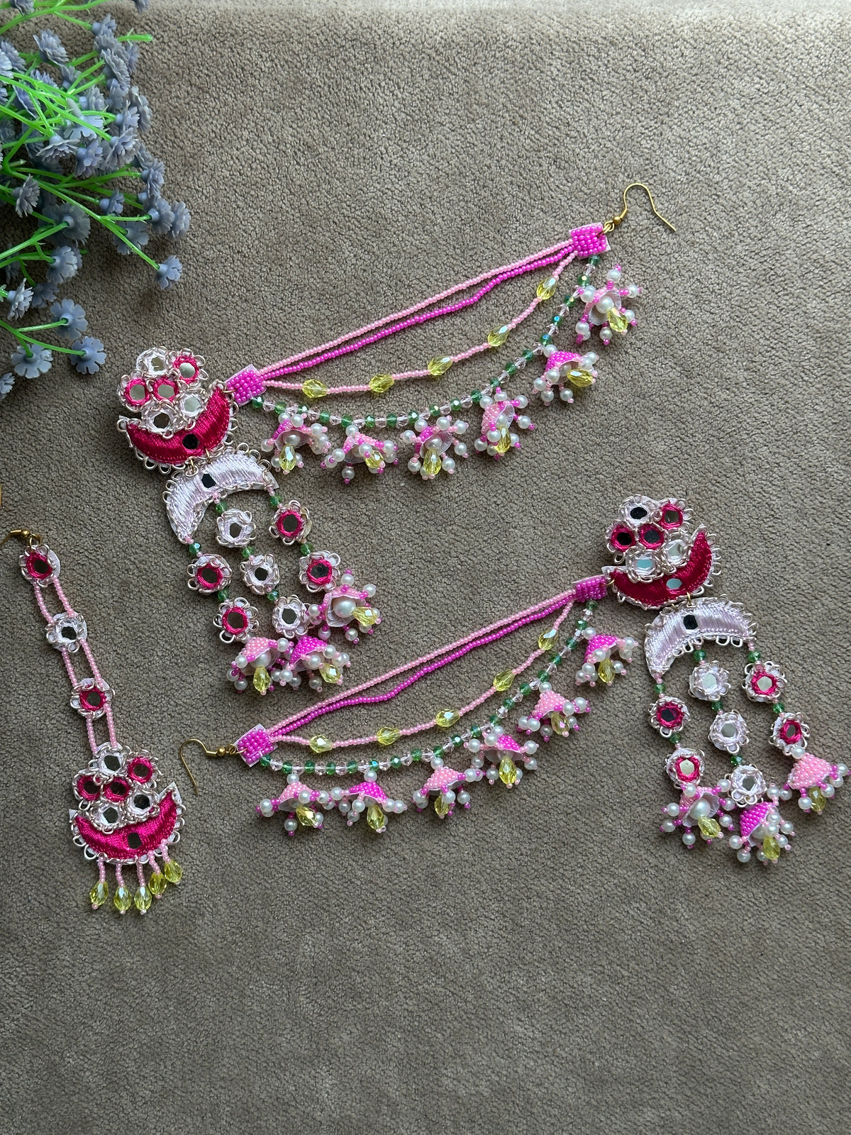 Fuchsia Pink Mirror Work Jhumki Earring Tikka Set with Beaded Saankal & Jhumki Drops