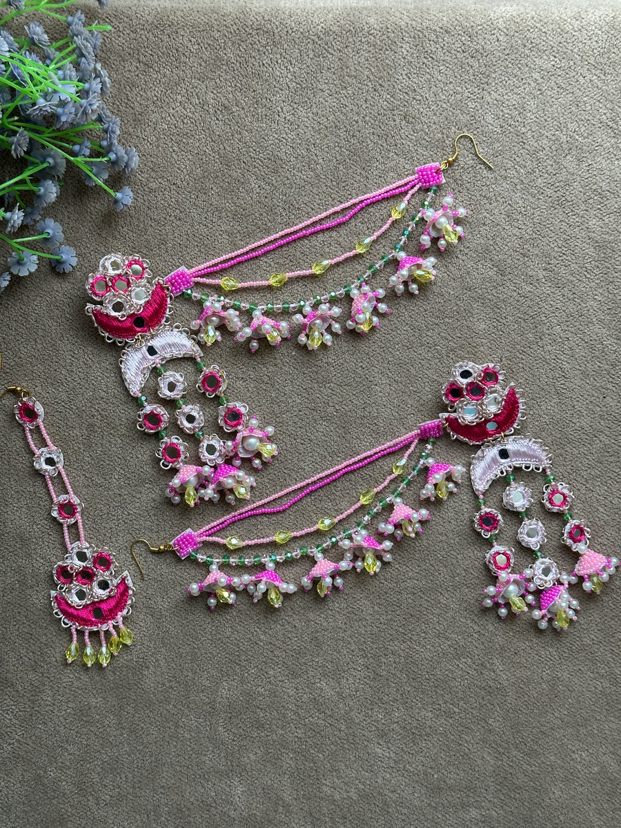 Fuchsia Pink Mirror Work Jhumki Earring Tikka Set with Beaded Saankal & Jhumki Drops