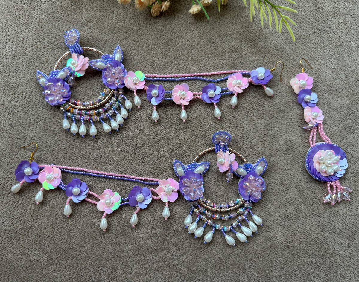Floral Beaded Chandbali Earring Tikka Set – Purple & Blush Pink