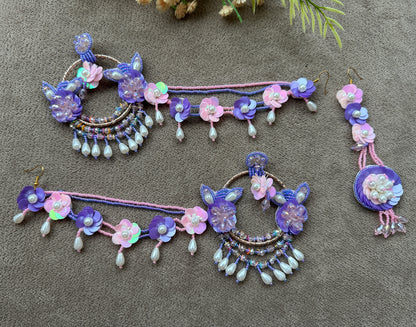 Floral Beaded Chandbali Earring Tikka Set – Purple & Blush Pink