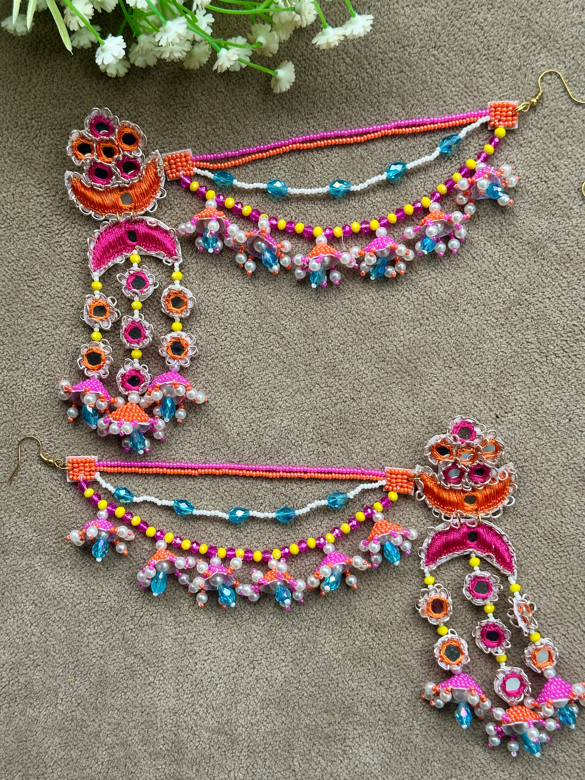 Mirror Work Beaded Jhumka Earring Tikka Set – Magenta, Orange & Turquoise
