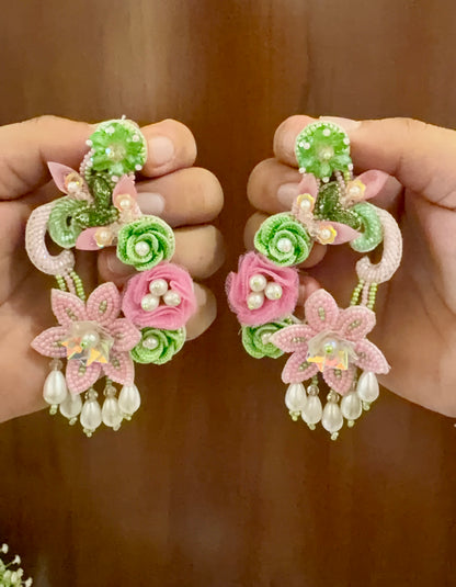 Pink & Green Floral Beaded Earrings with Pearl-Look Drops