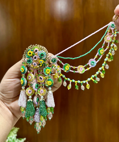 Green & Pastel Floral Beaded Earrings with Sahare