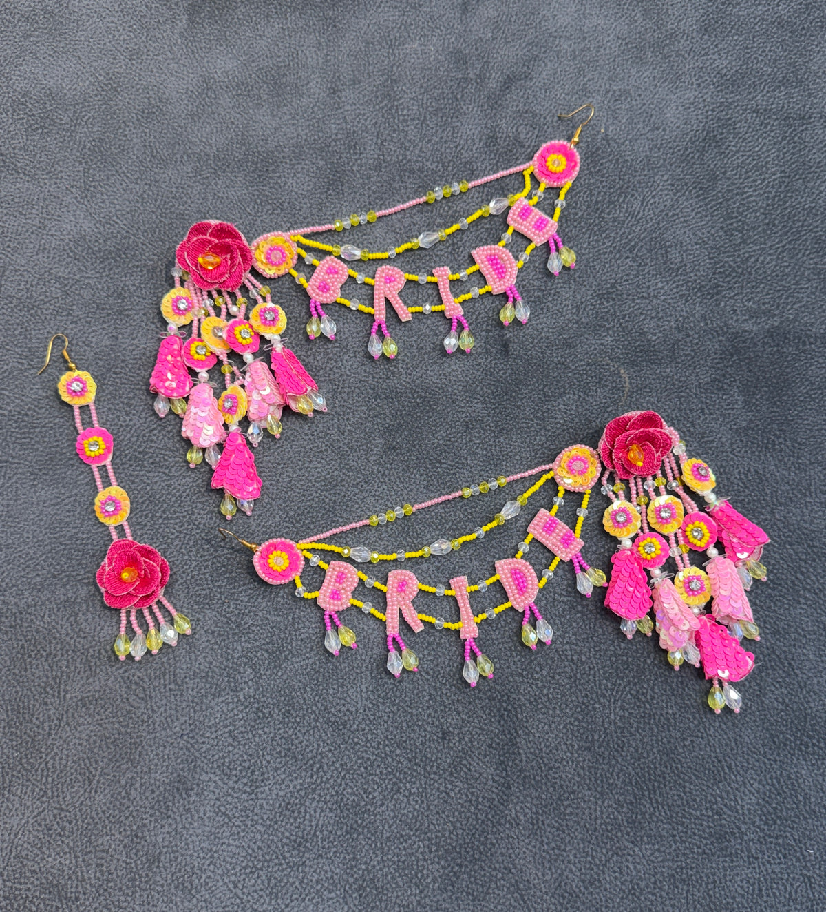 Pink & Yellow Floral BRIDE Earring Tikka Set