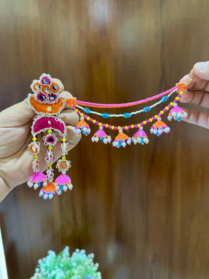 Mirror Work Beaded Jhumka Earring Tikka Set – Magenta, Orange & Turquoise