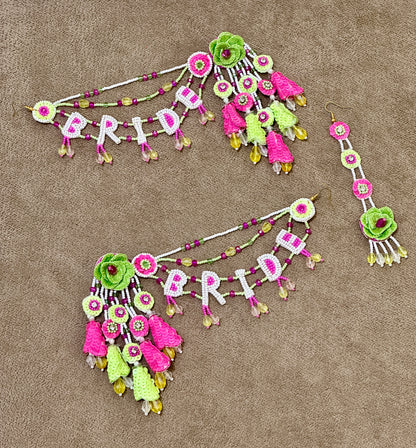 Lime Green & Pink Floral BRIDE Earring Tikka Set