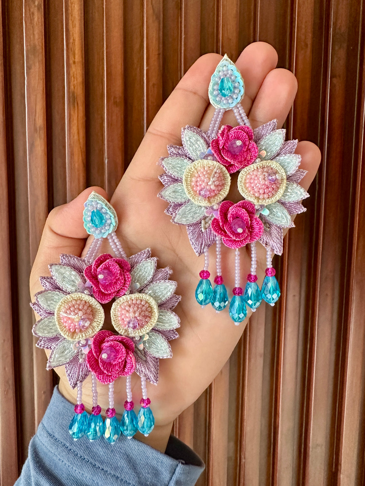 Pink Rose & Aqua Drop Handmade Floral Earrings