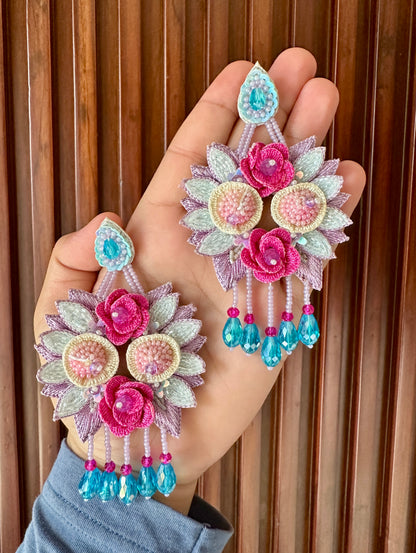 Pink Rose & Aqua Drop Handmade Floral Earrings