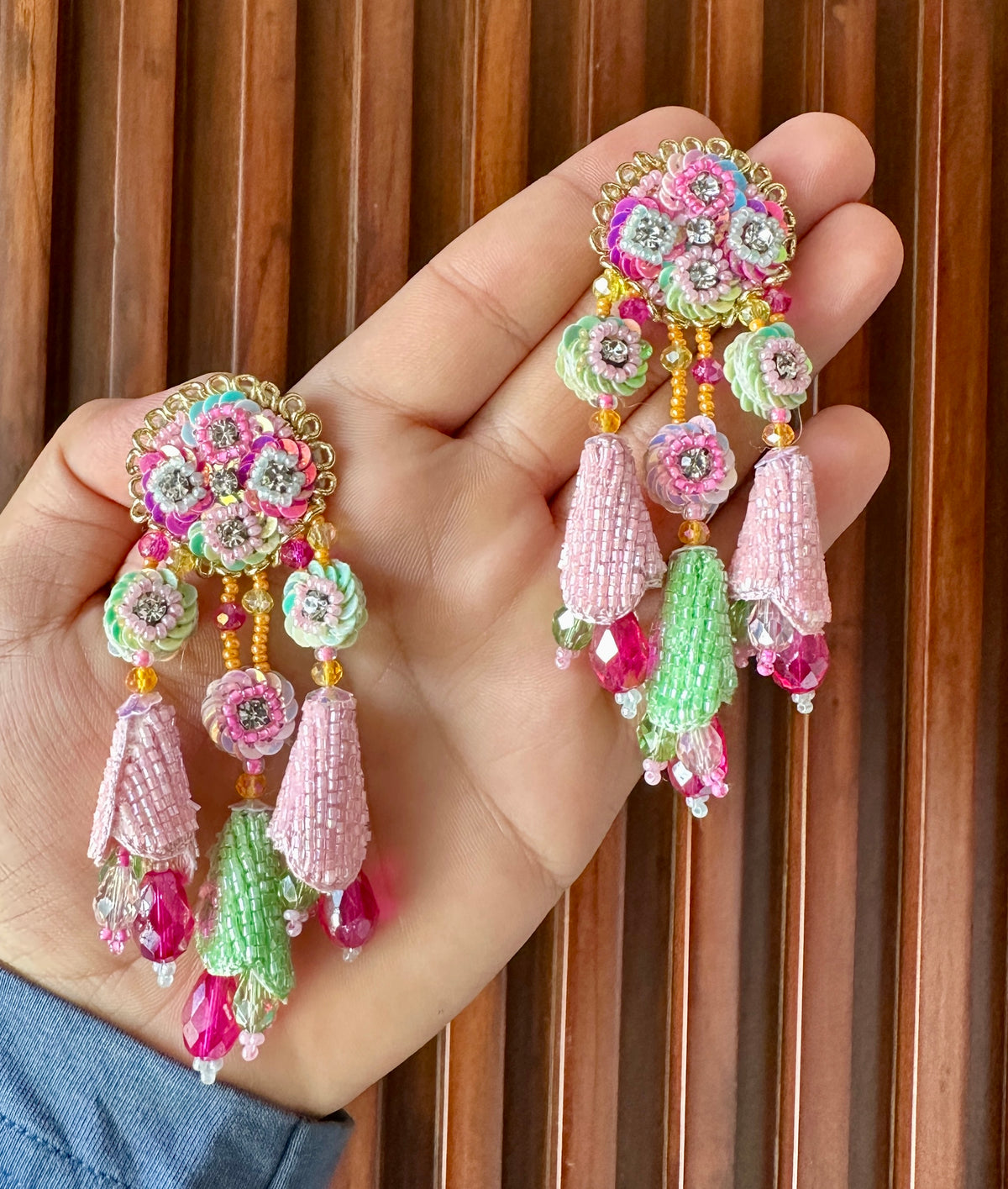 Pink & Mint Handmade Floral Beaded Tassel Earrings