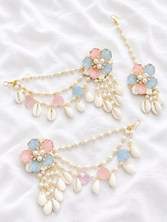 Blush Pink & Blue Cowrie Shell Floral Earring Tikka Set ET009