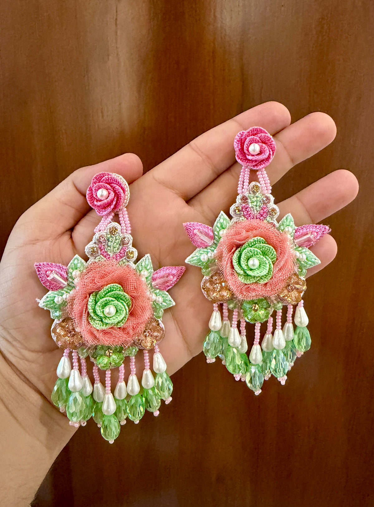 Peach & Green Floral Beaded Earrings with Pearl-Look Drops