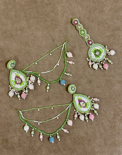 Mint Green Beaded Haldi Jewellery Set – Necklace, Earrings, Tikka & Hathphool