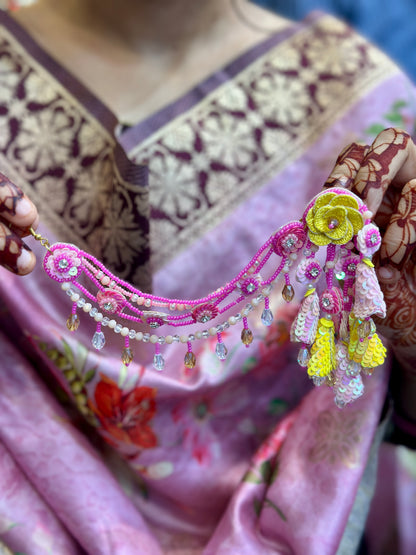 Beaded Handmade Jewellery Earing Tikka Set Color Pink yellow