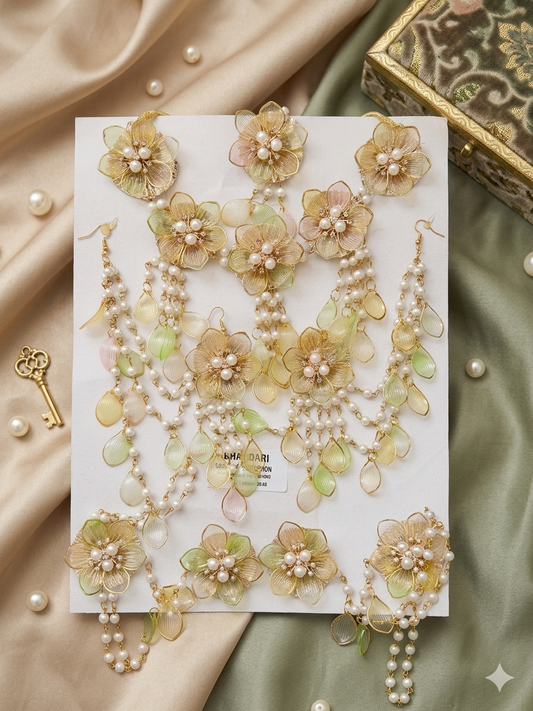 Ethereal Handcrafted Pearl and Gilded Floral Resin Jewellery Set - Complete Bridal/Festive Collection