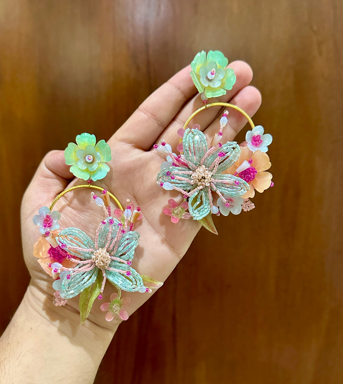 Mint Bloom Handmade Beaded Floral Hoop Earrings