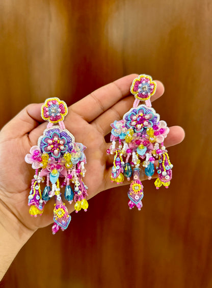 Multicolour Floral Handmade Beaded Chandelier Earrings