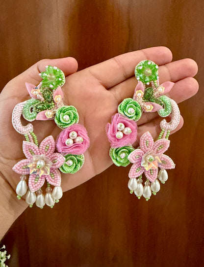 Pink & Green Floral Beaded Earrings with Pearl-Look Drops