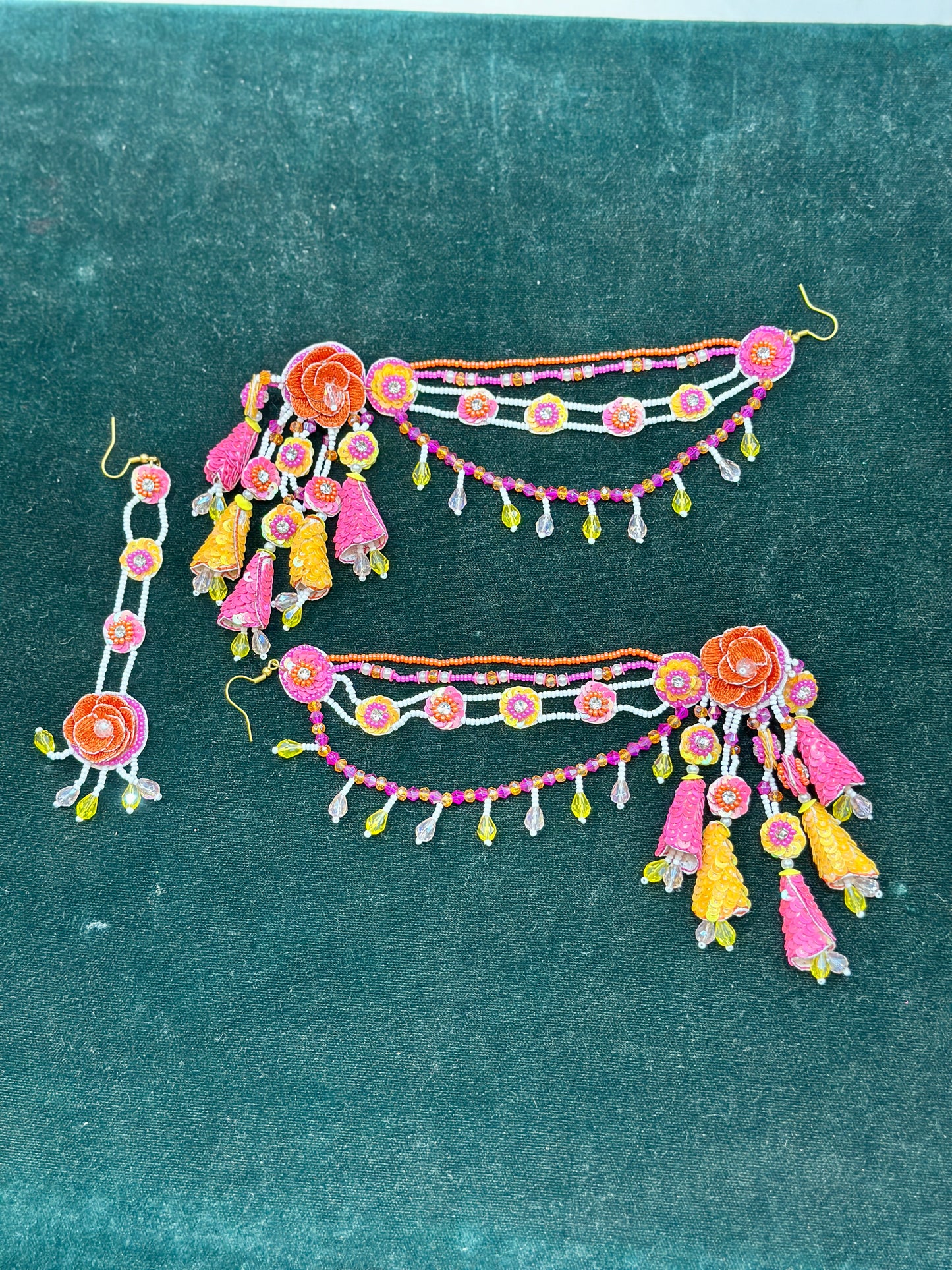 Beaded Handmade Jewellery earing Tikka Set Color Pink Yellow Orange