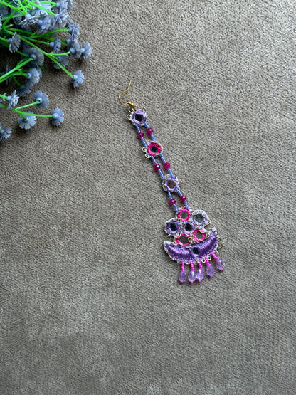 Bride Beaded Saankal Earring Tikka Set | Fuchsia & Periwinkle Mirror Work Chandelier Jhumki