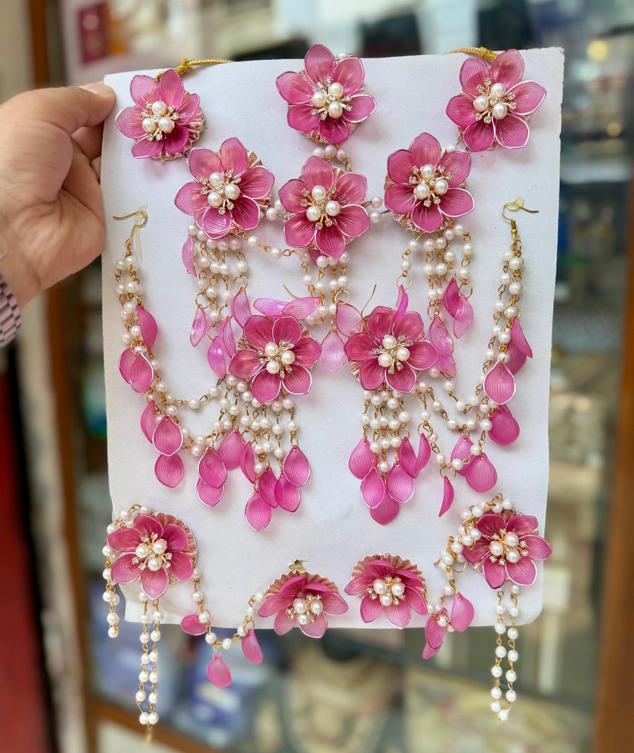 Elegant Handcrafted Pink Floral and Pearl Bridal Haldi/Mehandi Resin Jewellery Set RJ001