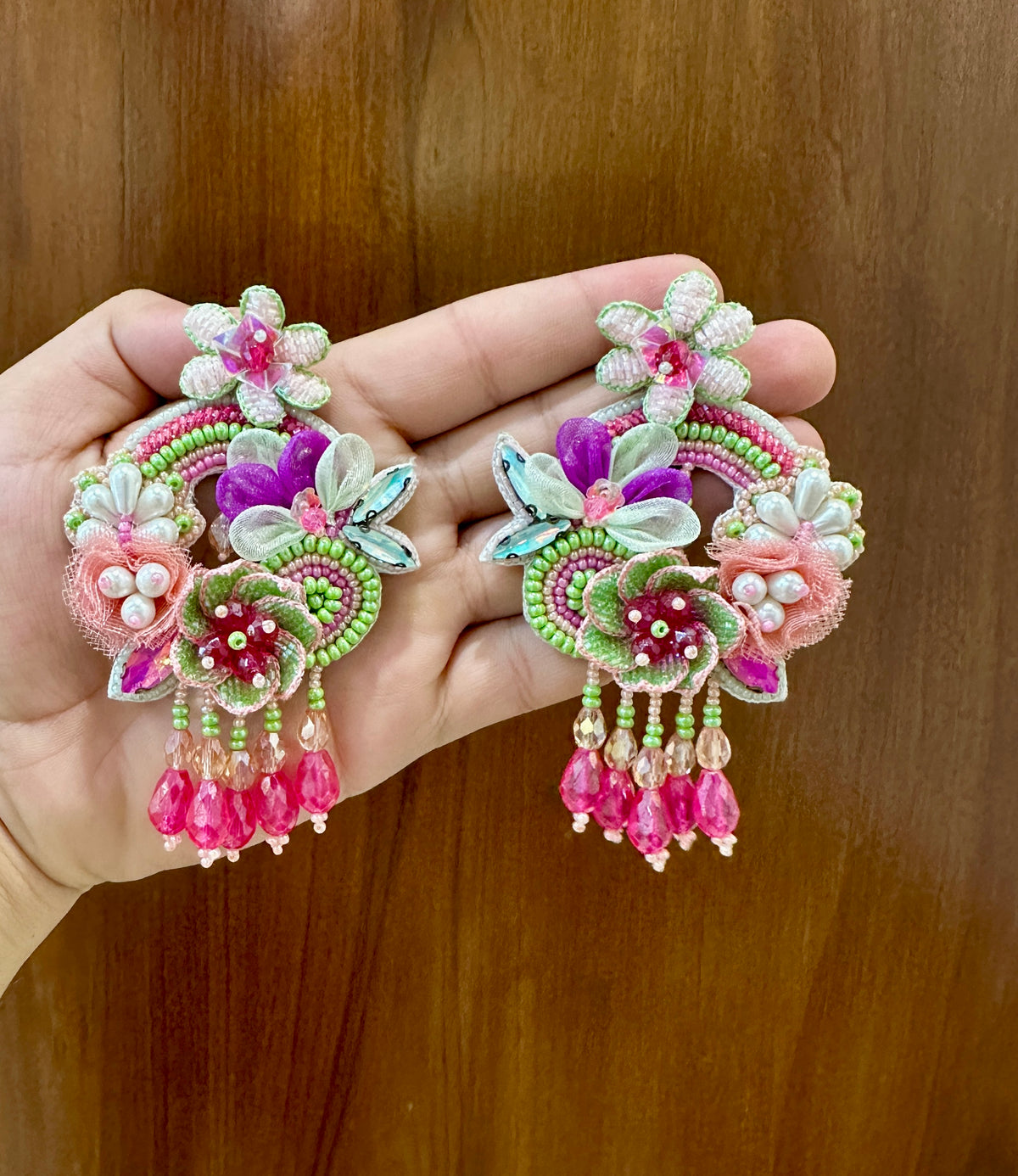 Green & Pink Handmade Floral Beaded Earrings with Pink Drops