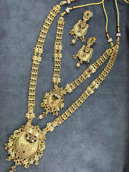 Antique Gold Chandbali Pendant Bridal Double Necklace Set with Drop Earrings NS00024