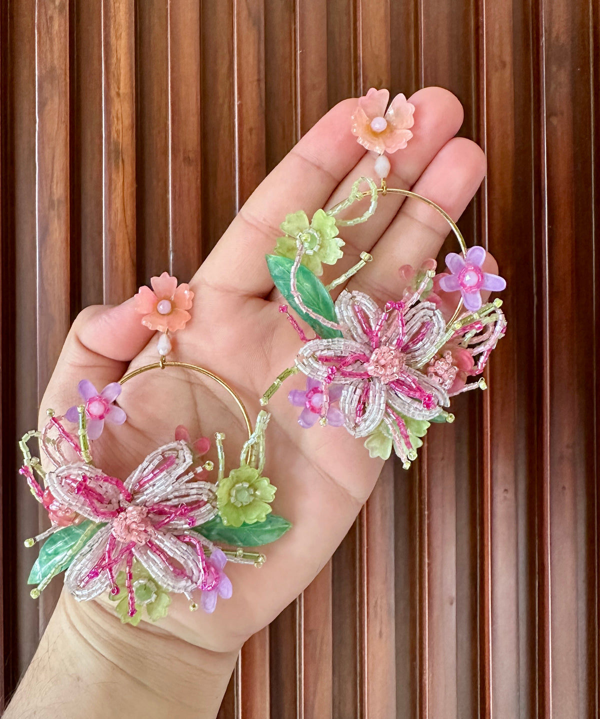Pastel Floral Handmade Beaded Hoop Earrings