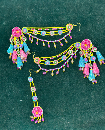 Beaded Handmade Jewellery Earing Tikka Set Color Pink Yellow Blue
