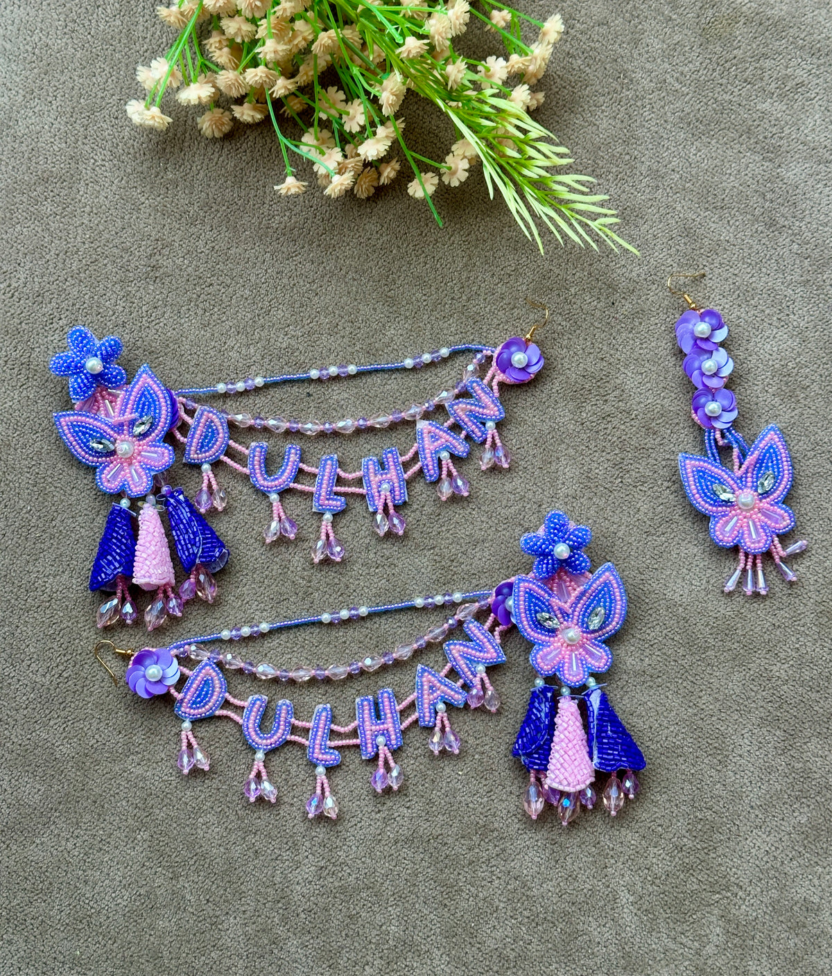 Dulhan Beaded Butterfly Earring & Tikka Set – Purple & Pink