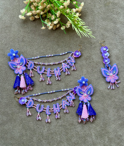 Dulhan Beaded Butterfly Earring & Tikka Set – Purple & Pink