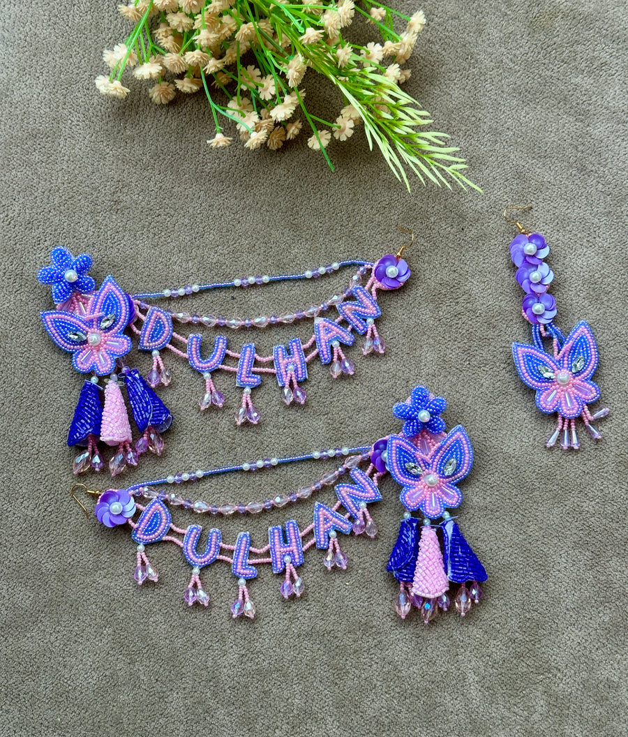 Dulhan Beaded Butterfly Earring & Tikka Set – Purple & Pink