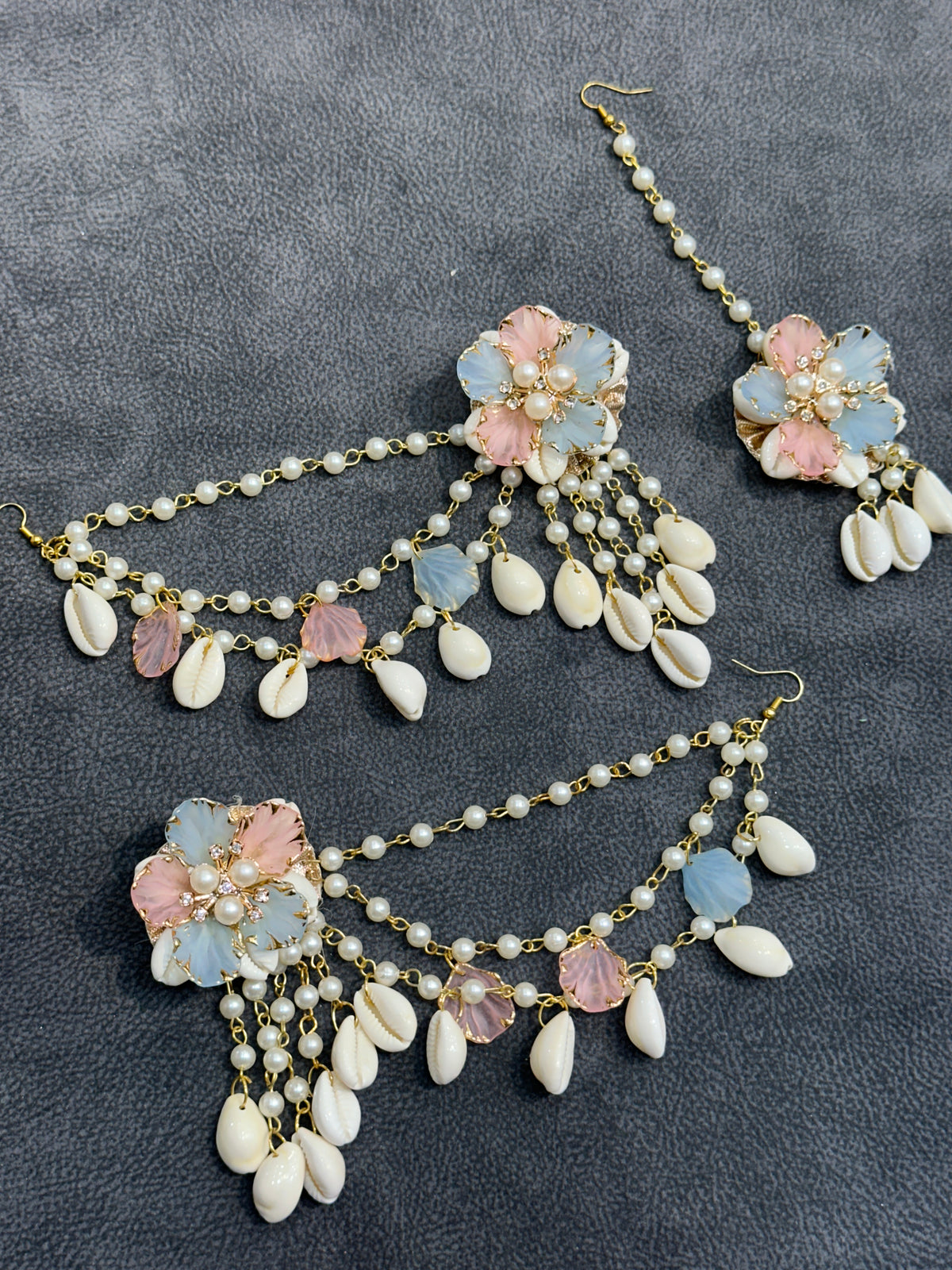Blush Pink & Blue Cowrie Shell Floral Earring Tikka Set ET009