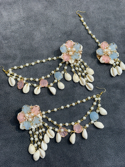 Blush Pink & Blue Cowrie Shell Floral Earring Tikka Set ET009
