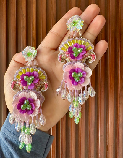 Pink & Purple Handmade Floral Beaded Chandelier Earrings