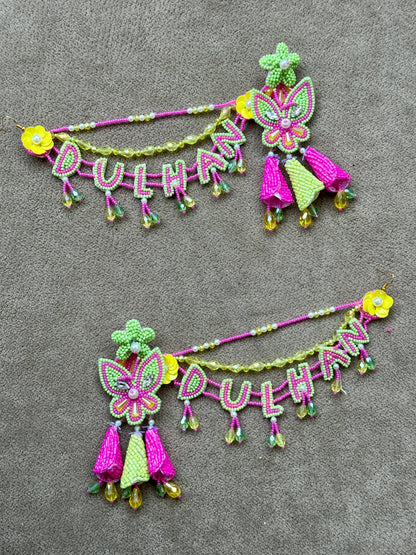Dulhan Beaded Butterfly Earring & Tikka Set – Hot Pink & Lime Green