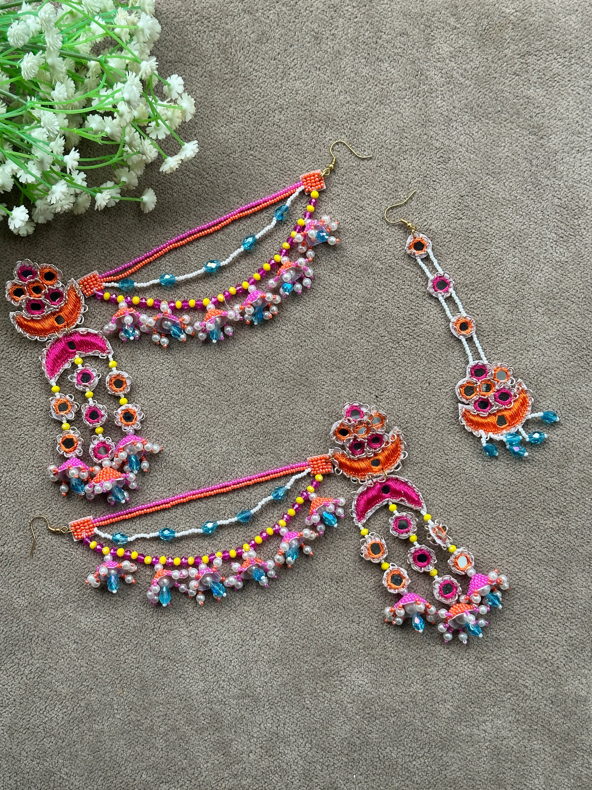 Mirror Work Beaded Jhumka Earring Tikka Set – Magenta, Orange & Turquoise