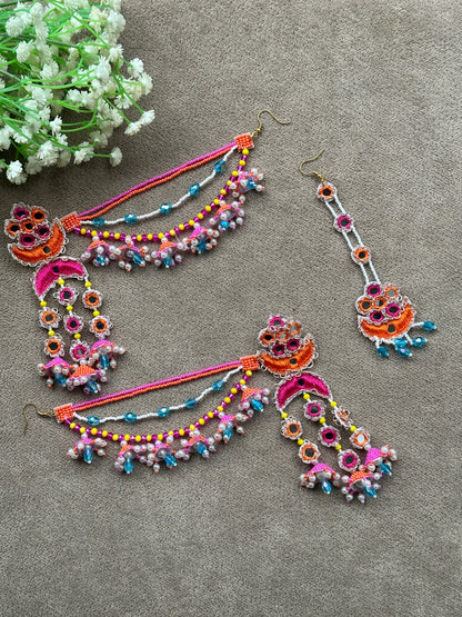 Mirror Work Beaded Jhumka Earring Tikka Set – Magenta, Orange & Turquoise